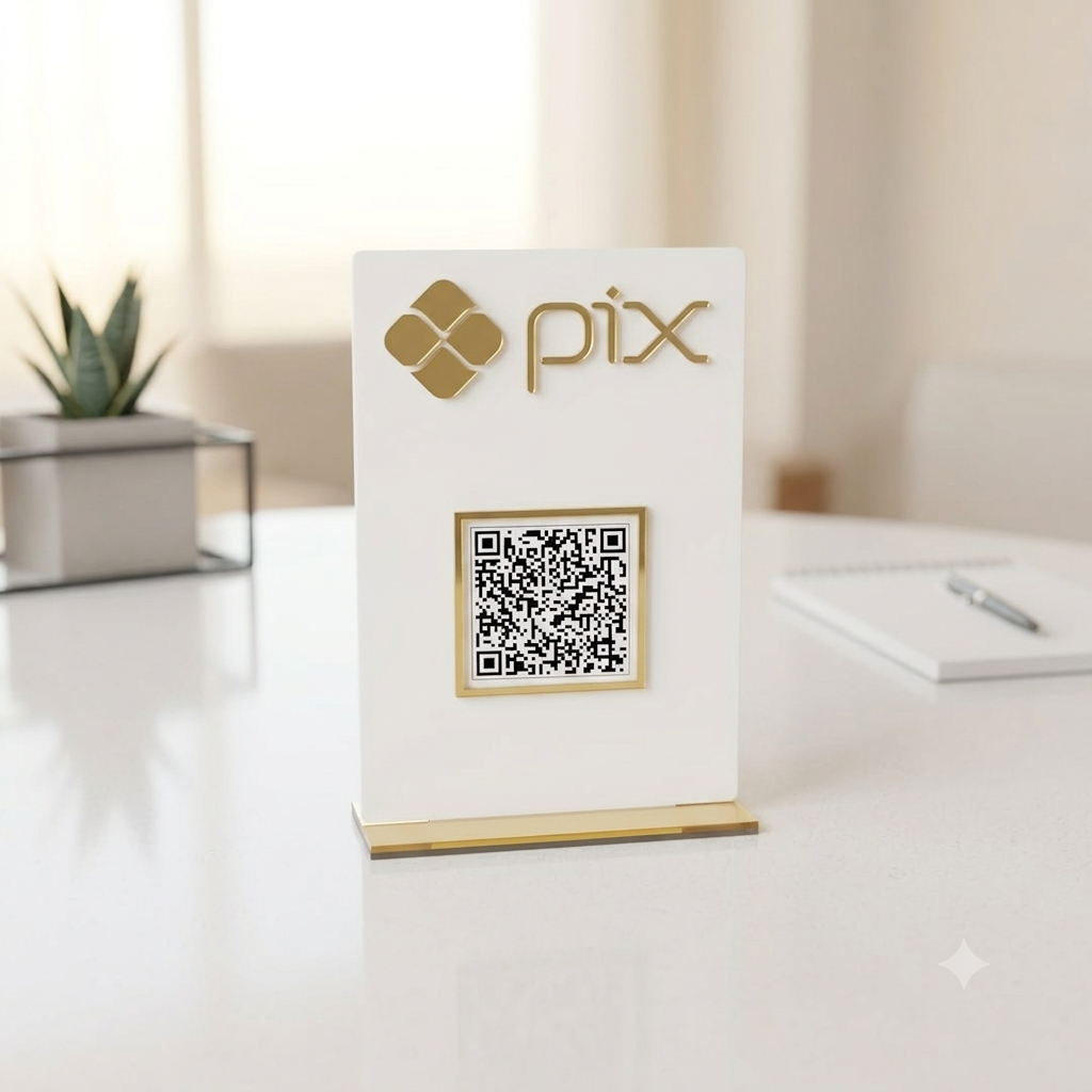 Placa Display Mini Qr Code em Acrílico Dourado. deal para Pix, Instagram, WhatsApp, Wi-Fi, Google Avaliações e cardápios digitais. 