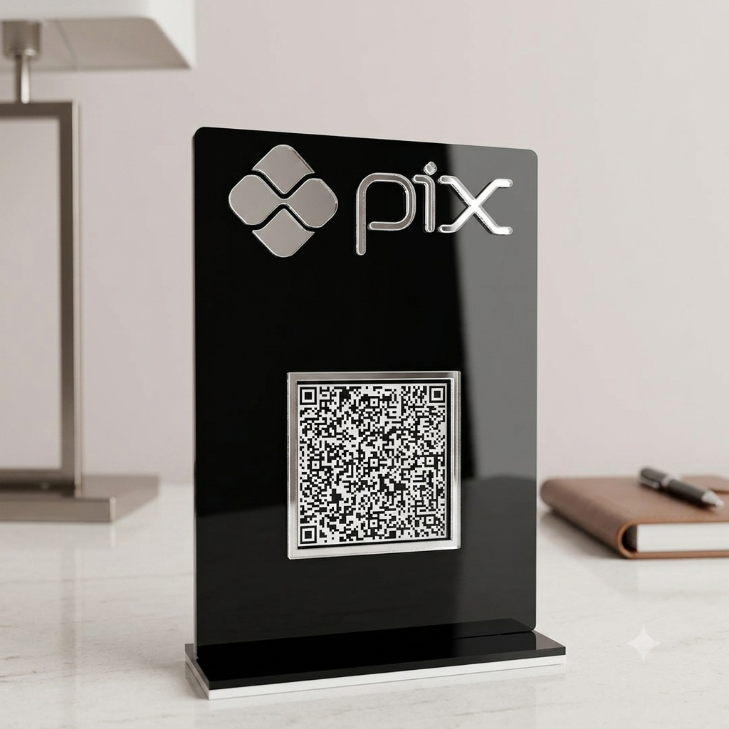 Placa Display Mini Qr Code em Acrílico Prata deal para Pix, Instagram, WhatsApp, Wi-Fi, Google Avaliações e cardápios digitais. 