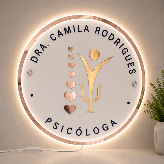 Placa Neon LED personalizada 70x70cm em acrílico. Ideal para empresas, lojas, clínicas, recepções e ambientes modernos. Personalize com sua marca ou arte.