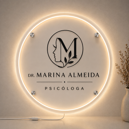 Placa Neon LED personalizada 70x70cm em acrílico. Ideal para empresas, lojas, clínicas, recepções e ambientes modernos. Personalize com sua marca ou arte.