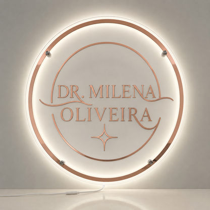 Placa Neon LED personalizada 80x80cm em acrílico. Ideal para empresas, lojas, clínicas, recepções e ambientes modernos. Personalize com sua marca ou arte.