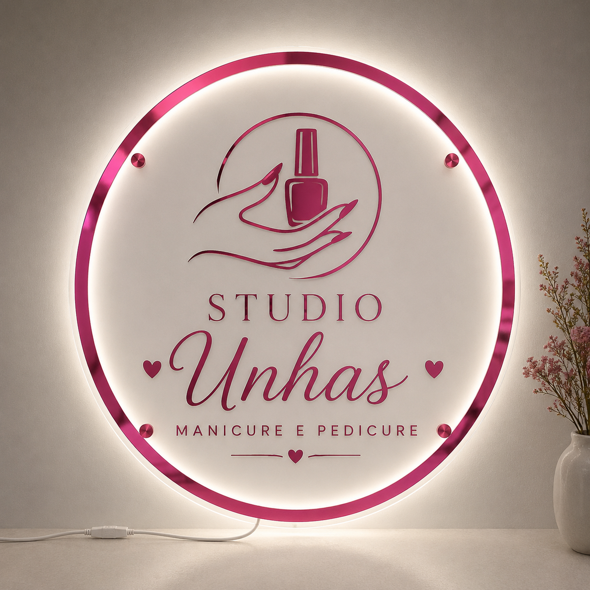 Placa Neon LED personalizada 80x80cm em acrílico. Ideal para empresas, lojas, clínicas, recepções e ambientes modernos. Personalize com sua marca ou arte.