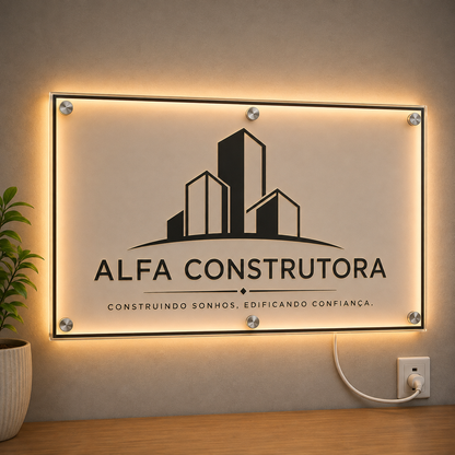 Placa Neon LED personalizada 100x50cm em acrílico. Ideal para empresas, lojas, clínicas, recepções e ambientes modernos. Personalize com sua marca ou arte.