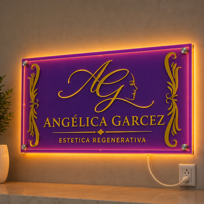 Placa Neon LED personalizada 100x50cm em acrílico. Ideal para empresas, lojas, clínicas, recepções e ambientes modernos. Personalize com sua marca ou arte.