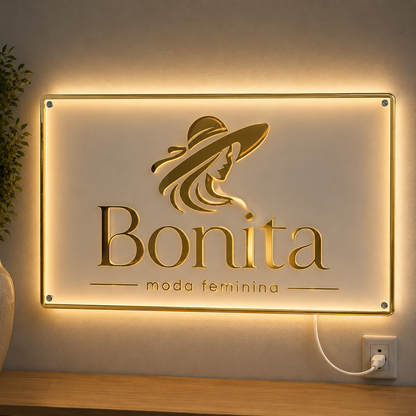 Placa Neon LED personalizada 80x50cm em acrílico. Ideal para empresas, lojas, clínicas, recepções e ambientes modernos. Personalize com sua marca ou arte.