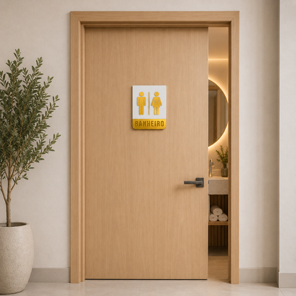 Placa de porta para banheiro 20x15cm cm em acrílico personalizado. Ideal para clínicas, empresas, consultórios, lojas e outros ambientes profissionais.