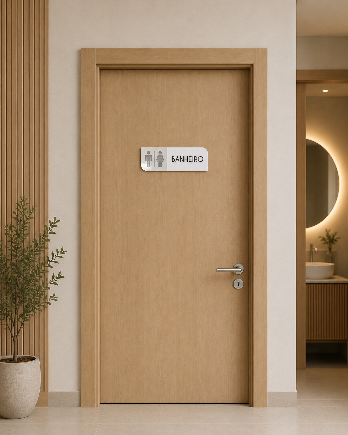 Placa de porta para banheiro 25x10cm cm em acrílico personalizado. Ideal para clínicas, empresas, consultórios, lojas e outros ambientes profissionais.