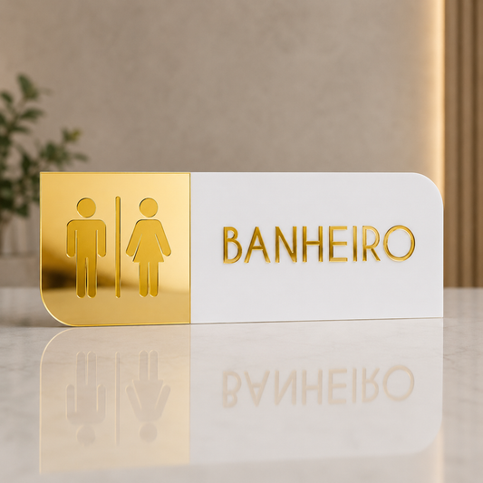 Placa de porta para banheiro 25x10cm cm em acrílico personalizado. Ideal para clínicas, empresas, consultórios, lojas e outros ambientes profissionais.