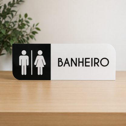 Placa de porta para banheiro 25x10cm cm em acrílico personalizado. Ideal para clínicas, empresas, consultórios, lojas e outros ambientes profissionais.