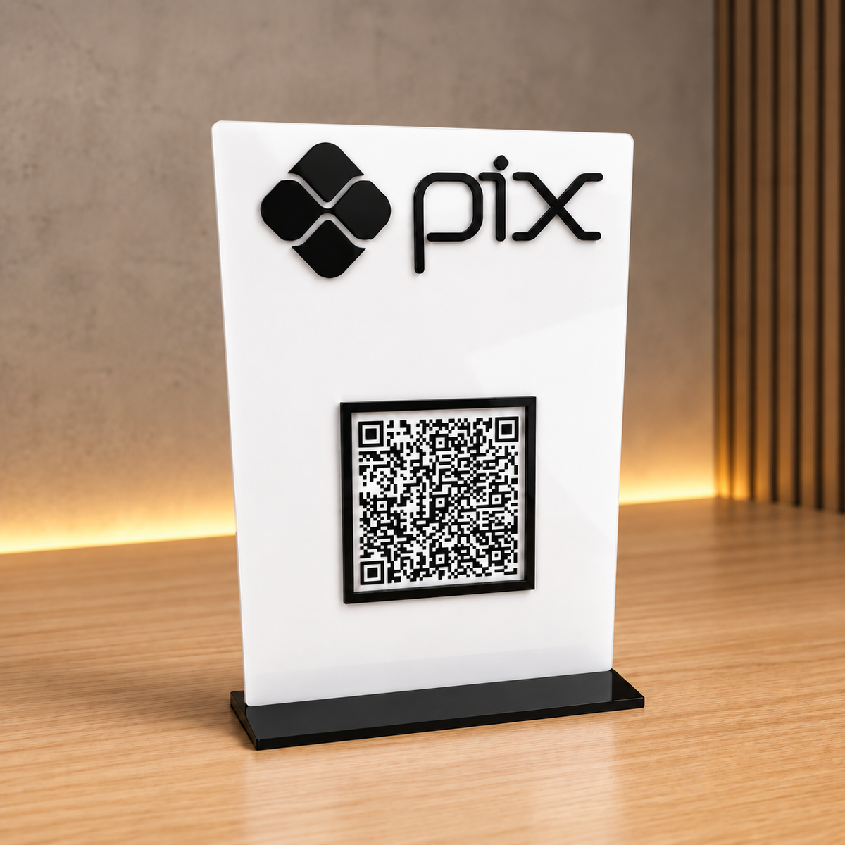 Placa Display MINI QR Code em acrílico personalizada com logotipo. Ideal para Pix, Instagram, WhatsApp, Wi-Fi, Google Avaliações e cardápios digitais. Compacta, moderna e produzida sob medida.
