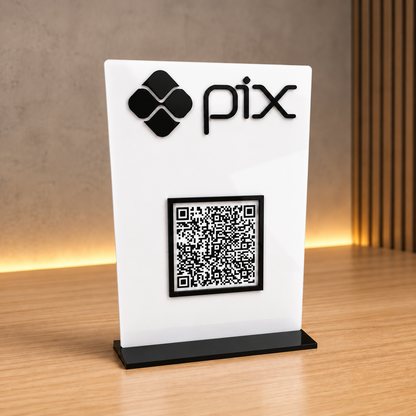Placa Display MINI QR Code em acrílico personalizada com logotipo. Ideal para Pix, Instagram, WhatsApp, Wi-Fi, Google Avaliações e cardápios digitais. Compacta, moderna e produzida sob medida.
