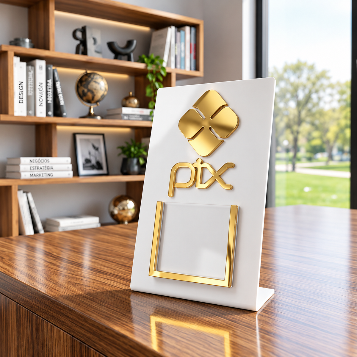 Placa Display MINI QR Code em acrílico personalizada com logotipo. Ideal para Pix, Instagram, WhatsApp, Wi-Fi, Google Avaliações e cardápios digitais. Compacta, moderna e produzida sob medida.