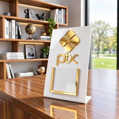 Placa Display MINI QR Code em acrílico personalizada com logotipo. Ideal para Pix, Instagram, WhatsApp, Wi-Fi, Google Avaliações e cardápios digitais. Compacta, moderna e produzida sob medida.