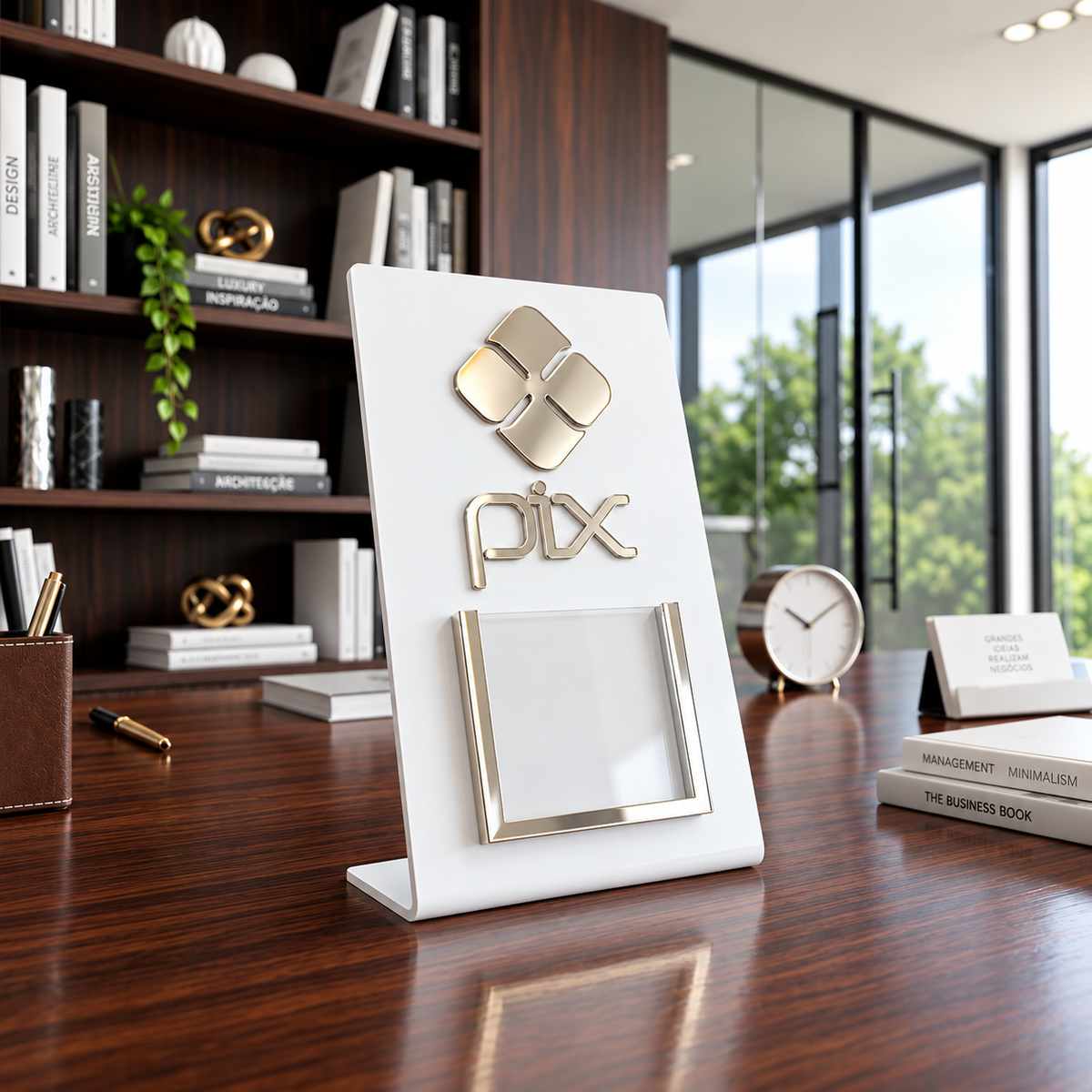 Placa Display MINI QR Code em acrílico personalizada com logotipo. Ideal para Pix, Instagram, WhatsApp, Wi-Fi, Google Avaliações e cardápios digitais. Compacta, moderna e produzida sob medida.