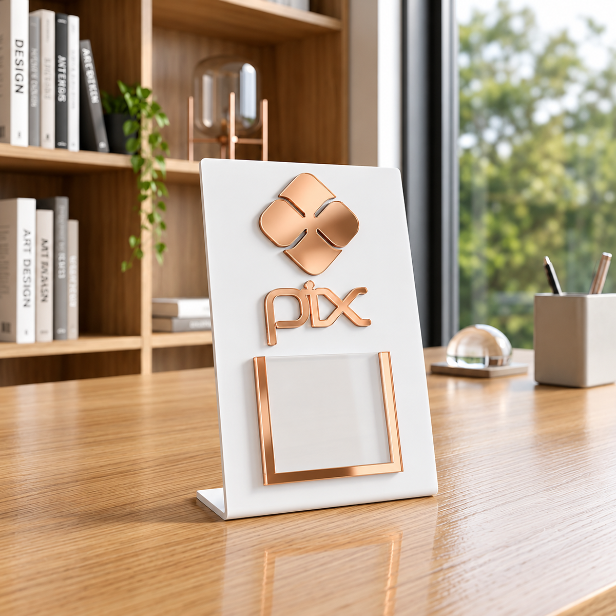 Placa Display MINI QR Code em acrílico personalizada com logotipo. Ideal para Pix, Instagram, WhatsApp, Wi-Fi, Google Avaliações e cardápios digitais. Compacta, moderna e produzida sob medida.