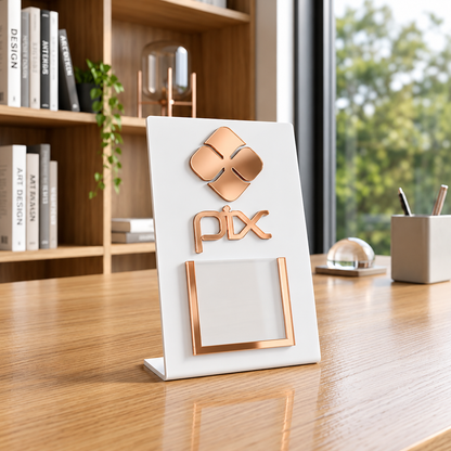 Placa Display MINI QR Code em acrílico personalizada com logotipo. Ideal para Pix, Instagram, WhatsApp, Wi-Fi, Google Avaliações e cardápios digitais. Compacta, moderna e produzida sob medida.