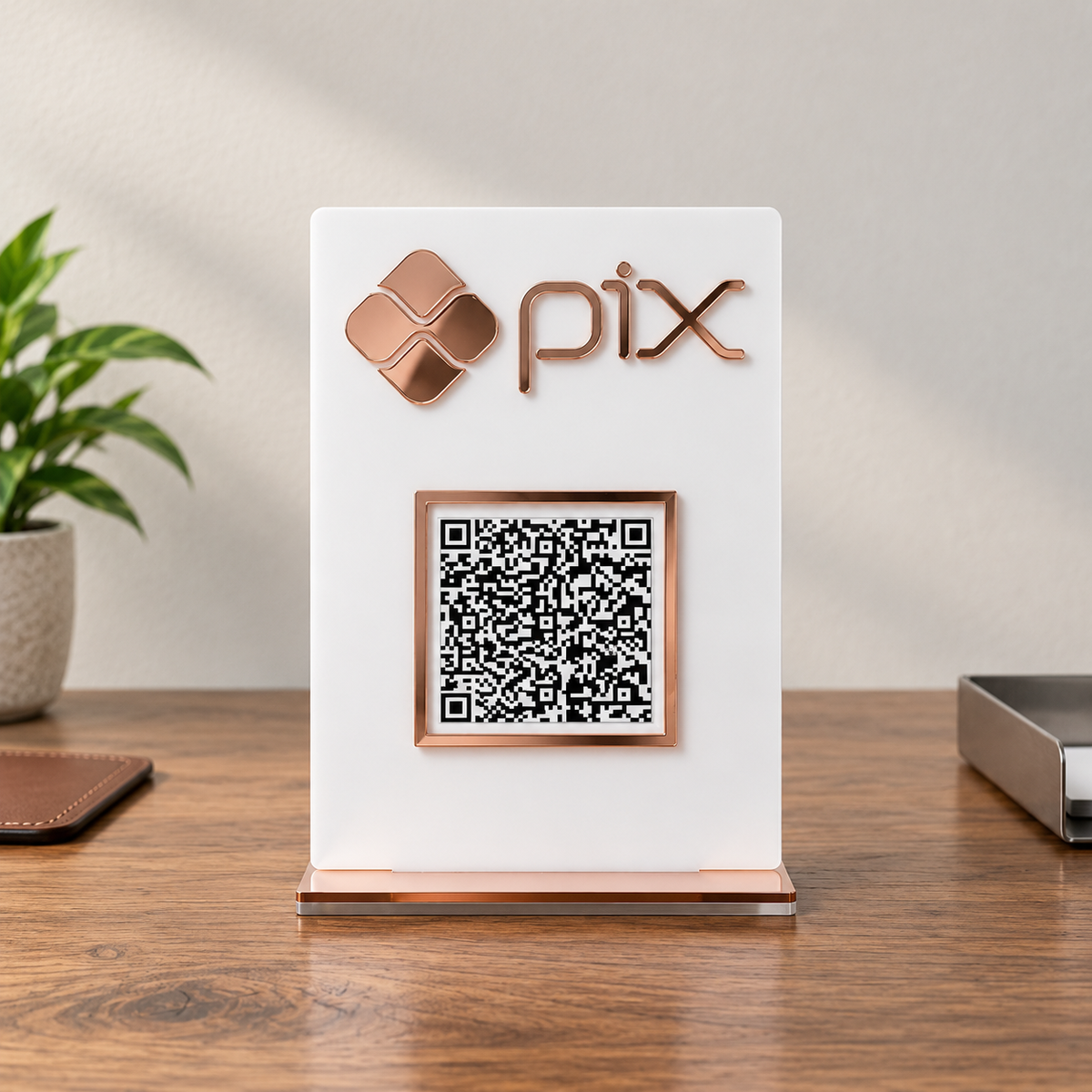 Placa Display MINI QR Code em acrílico personalizada com logotipo. Ideal para Pix, Instagram, WhatsApp, Wi-Fi, Google Avaliações e cardápios digitais. Compacta, moderna e produzida sob medida.